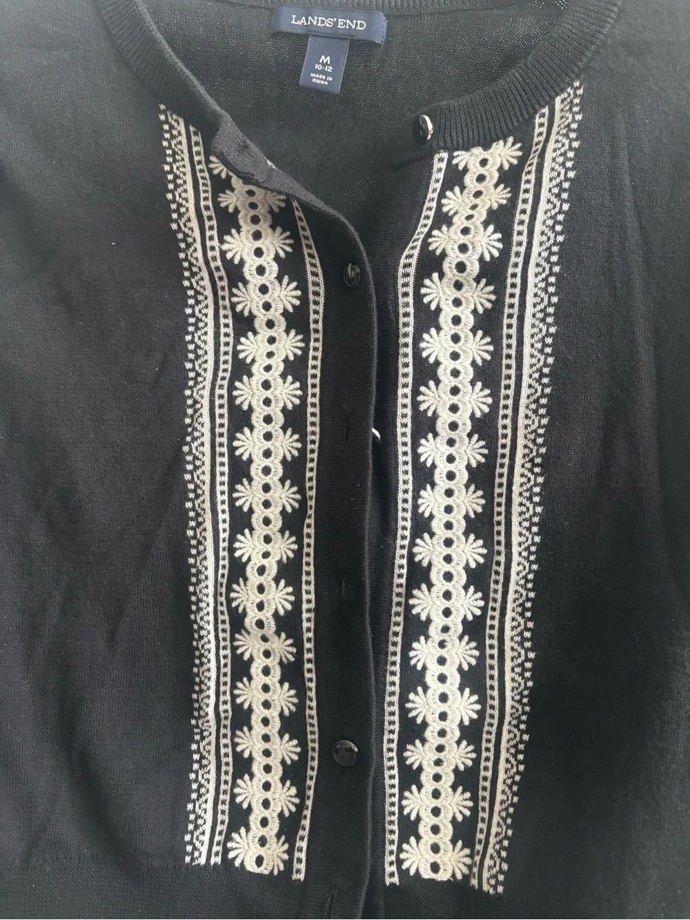 Lands' End Black Cardigan with White Embroidered Trim - Picture 2 of 4